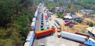 Trucks stranded by the blockade in Oaxaca.