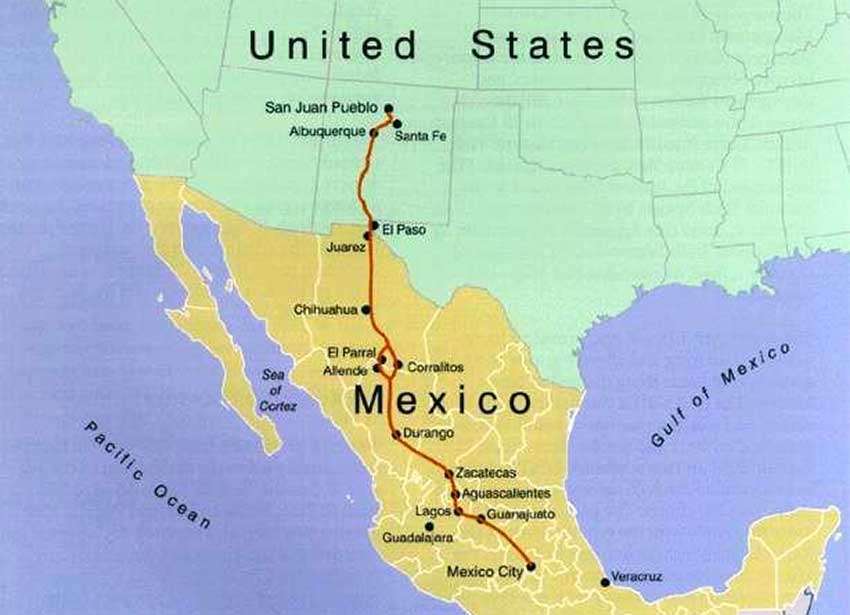 The Camino Real, between Mexico City and Santa Fe, New Mexico.