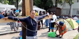 Cuban migrant Hernández on a cross in Tapachula.