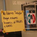 'We cannot work because we have been invaded by fleas and cats,' the sign advises.