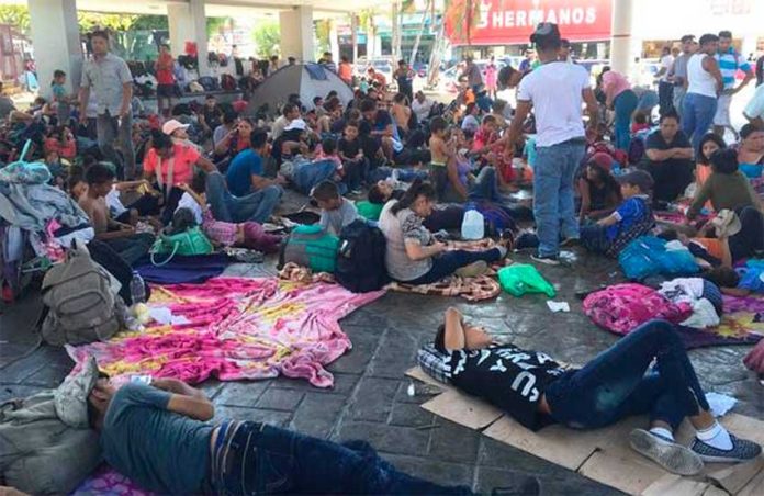 Migrants camp in the center of Tapachula.