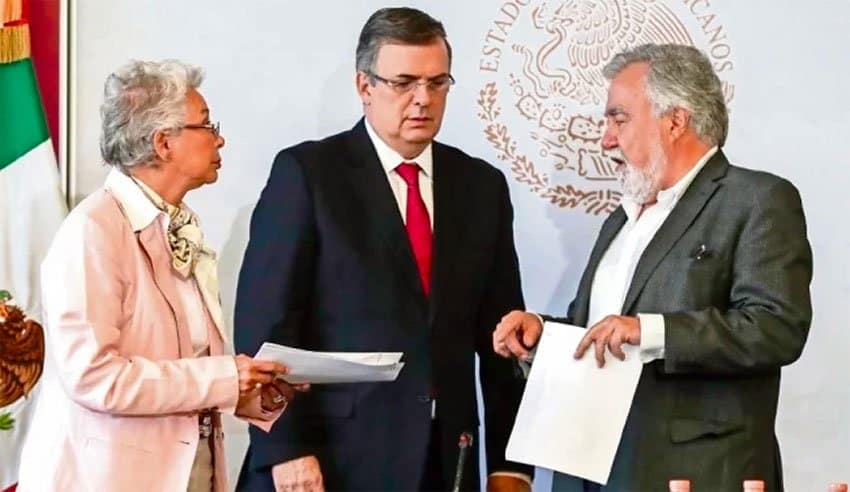 Sánchez, Ebrard and Encinas at yesterday's press conference.