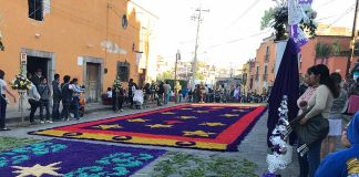A street has been decorated in preparation for the Lord of the Column procession in San Miguel de Allende.
