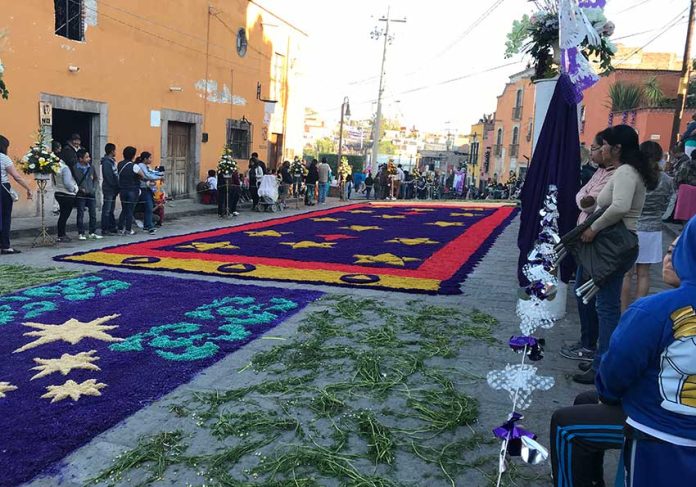 A street has been decorated in preparation for the Lord of the Column procession in San Miguel de Allende.
