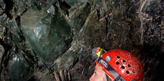 A chunk of green obsidian protrudes from the wall at the end of the mine in San Isidro, Jalisco.