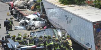 The truck that plowed through a dozen vehicles in Santa Fe on Saturday.