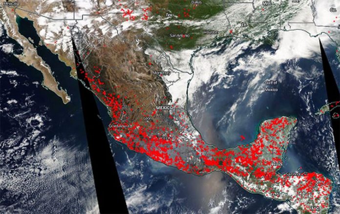 NASA satellite image indicating active wildfires in Mexico.