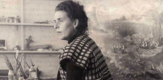 Leonora Carrington at work in her studio.