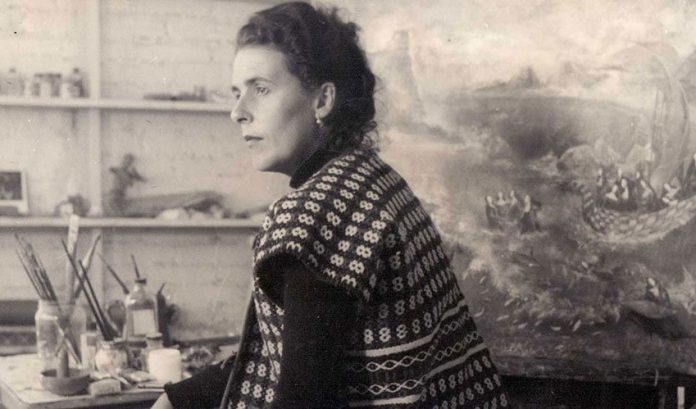 Leonora Carrington at work in her studio.