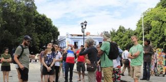 Tourists in Oaxaca city: their numbers were up nearly 50% in March.