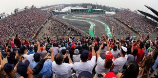 Racing fans fill the stands at the Mexican Grand Prix.