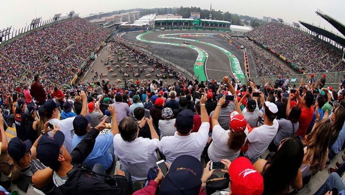Racing fans fill the stands at the Mexican Grand Prix.