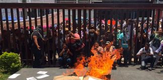 Guerrero teachers burn documents while vandalizing government buildings.