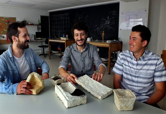Three-fourths of the Radial team with samples of their Styrofoam substitute.