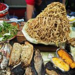 Crayfish, corn husk smoked fish and cleaned and cured chicken intestines at the pre-Hispanic food stand.