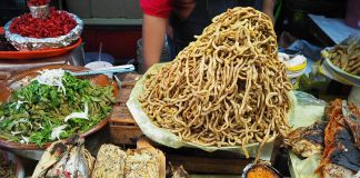 Crayfish, corn husk smoked fish and cleaned and cured chicken intestines at the pre-Hispanic food stand.
