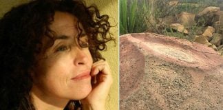 Artist Mercedes Aquí and the petroglyph.