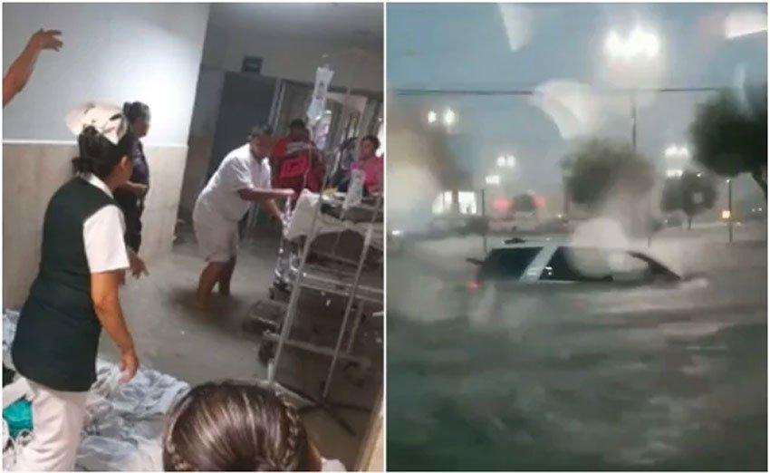 A flooded hospital and a half-submerged car last night in Reynosa.