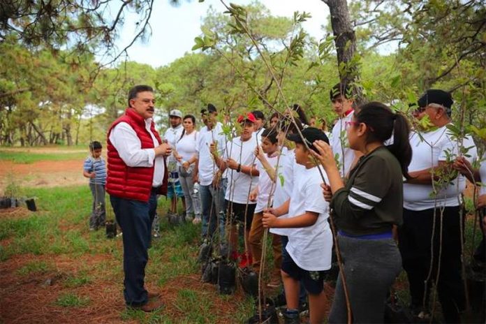 Federal government representive Lomelí and tree-planters in the Primavera Forest on Sunday.