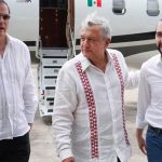 Ebrard, left, and López Obrador greet El Salvador's Bukele yesterday in Chiapas.