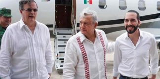 Ebrard, left, and López Obrador greet El Salvador's Bukele yesterday in Chiapas.