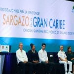 Quintana Roo Governor Joaquín speaks at Caribbean sargassum meeting in Cancún.