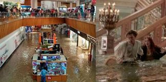Music during mall flooding, left, recalls the film Titanic, right.