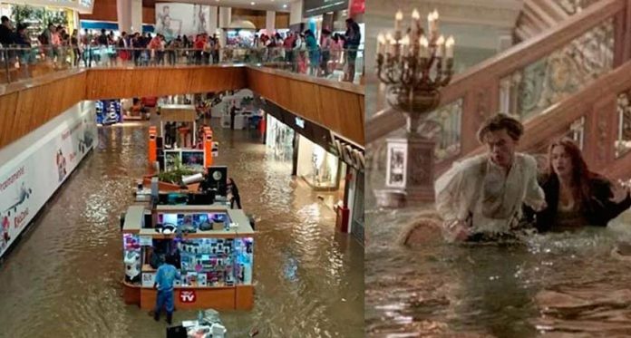 Music during mall flooding, left, recalls the film Titanic, right.