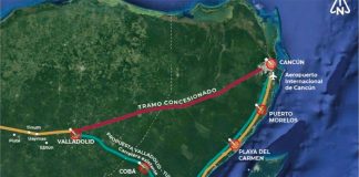 The red line indicates the part of the Maya Train route that has been eliminated.