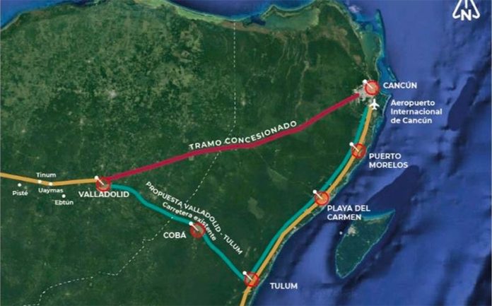 The red line indicates the part of the Maya Train route that has been eliminated.