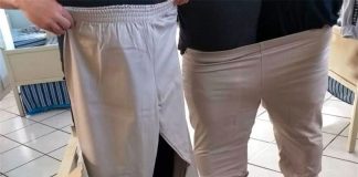 Two people can fit snugly into one pair of officers' new pants.