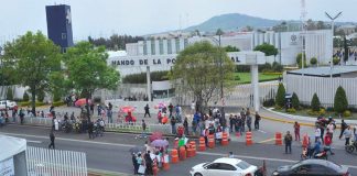 The blockade erected by protesting officers outside police headquarters.