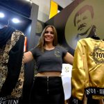 A model displays 'Chapowear' at Guadalajara show.