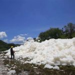 A large mound of foam in the Puebla irrigation canal.