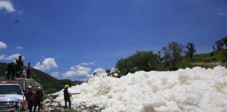 A large mound of foam in the Puebla irrigation canal.