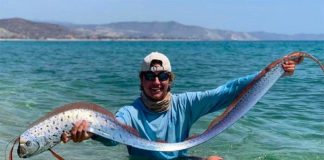 Jacob Thompson and the oarfish on a beach in Baja.