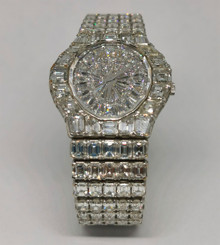 Highest-priced piece is this Piaget men's watch of white gold and diamonds.
