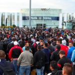 Officers protest Wednesday morning at Federal Police headquarters.