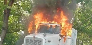 A semi-tractor burns at Chiapas roadblock.