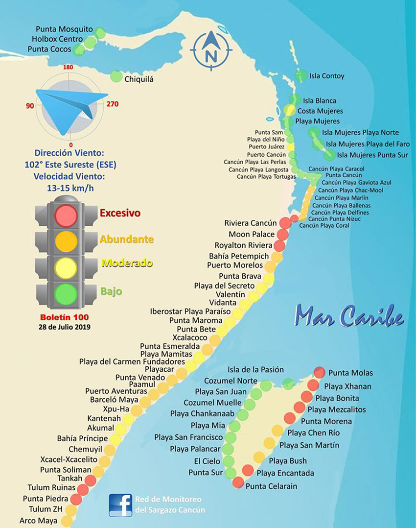 The sargassum monitoring network's map as of Sunday morning.