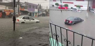 Cars stranded by flooded streets in Atizapán.