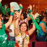 Supporters of abortion law cheer yesterday in Oaxaca.