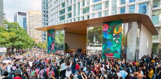 A crowd gathered Friday for the opening of Apple's new store.