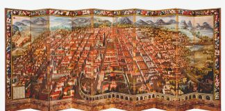 The two-sided, 17th-century screen. This side shows an early Mexico City.