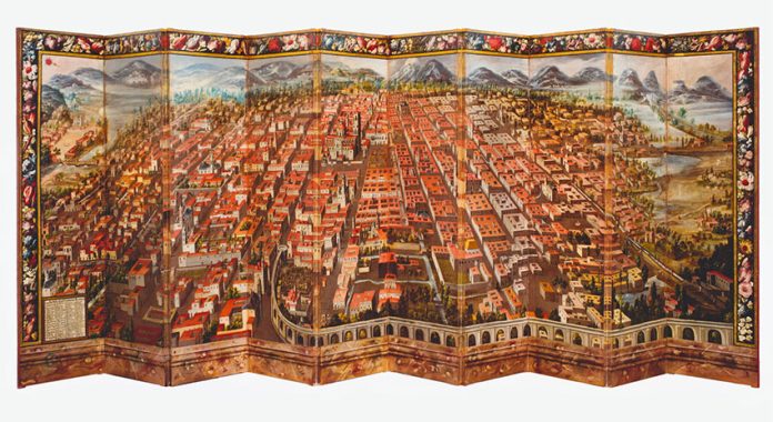 The two-sided, 17th-century screen. This side shows an early Mexico City.