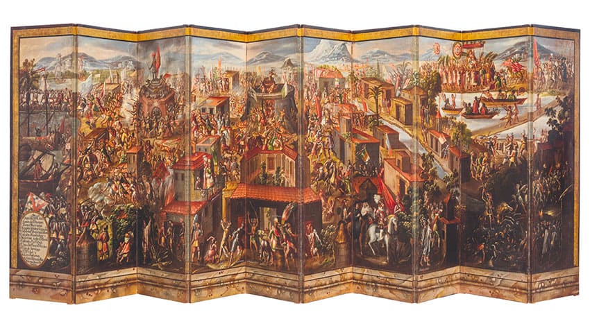 The side of the screen depicting the conquest of Tenochtitlán.