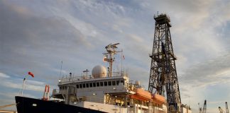The drilling vessel JOIDES Resolution, now working in the Gulf of California.
