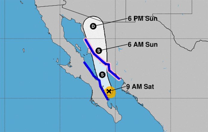 Lorena's forecast track at 10:00am CDT on Saturday.