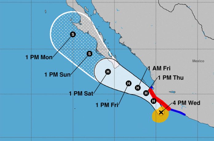 Lorena's forecast track as of 4:00pm Wednesday.