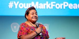 Peace Prize winner Rigoberta Menchú of Guatemala speaks at the Mérida summit.